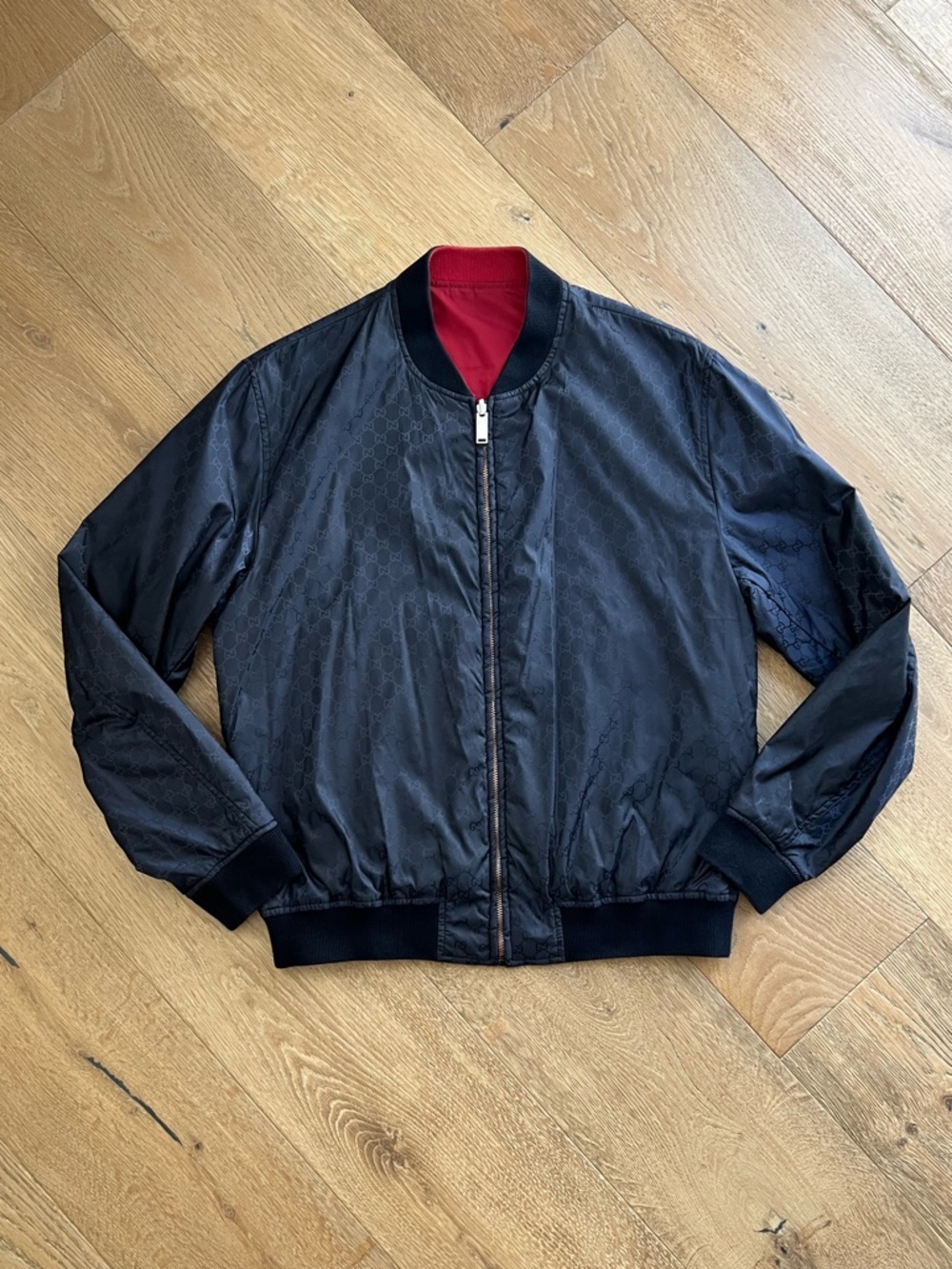 Gucci Reversible Bomber Jacket | Navy GG & Red | Size L | 100% Authentic
